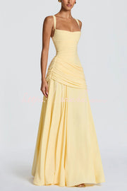 Spaghetti Strap Square Neck Pleated Maxi Dress – Slim Fit