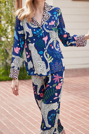 Blue Snow Leopard Print Long Sleeve Two-Piece Lounge Set