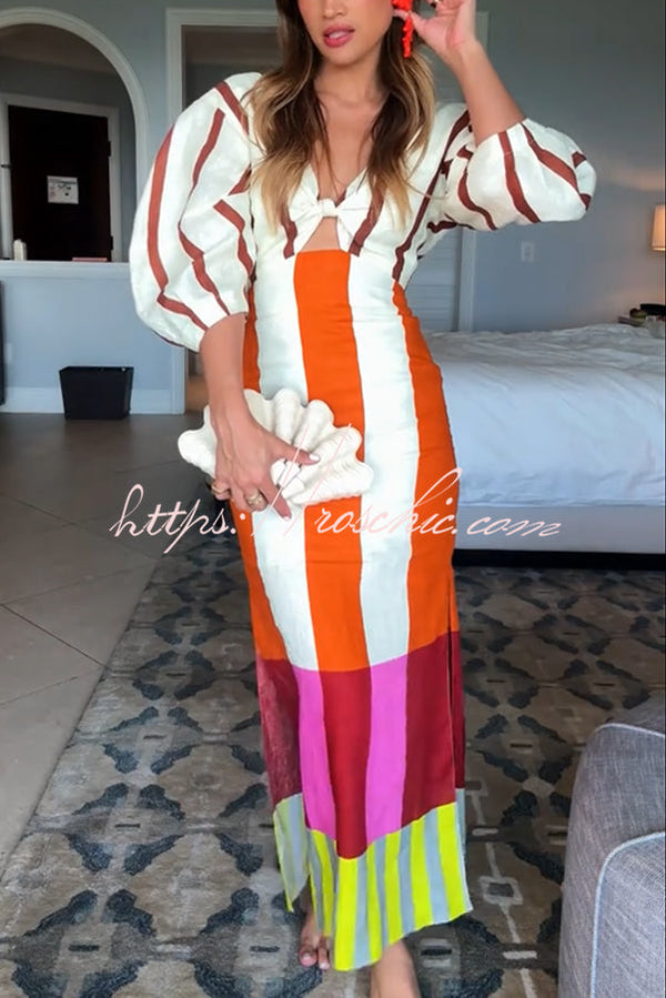 Linen Blend Color Block Puff Sleeve Maxi Dress