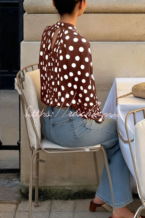 Polka Dot Lantern Sleeve Tie-Waist Loose Shirt