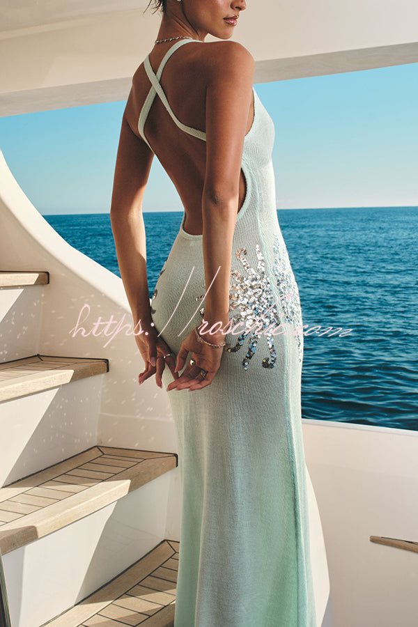 Sequin Knit Maxi Dress with Open Cross-Strap Back
