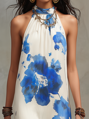 Ivory Floral Halter Maxi Dress – Sleeveless Floor-Length
