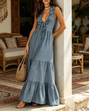 Deep V Ruffle Sleeveless Dress