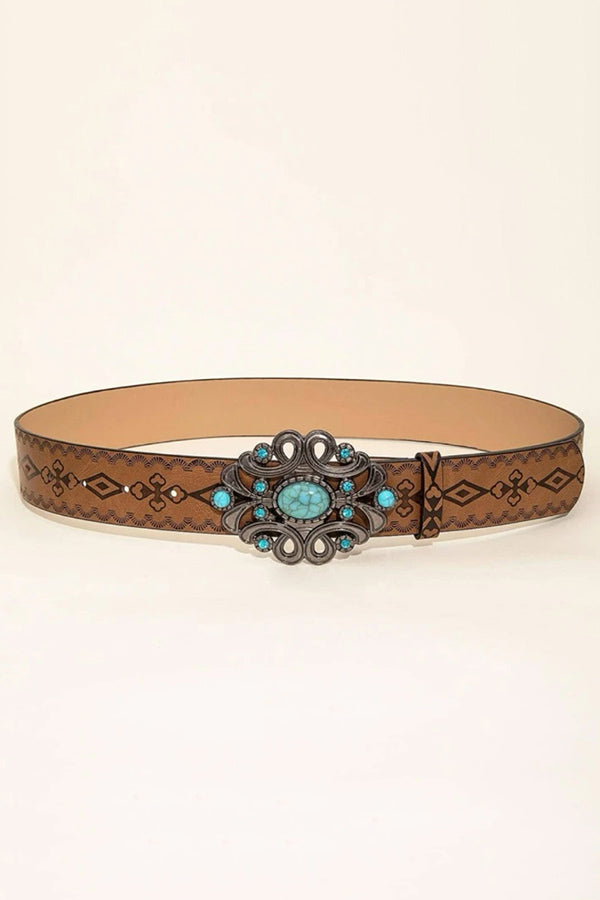 Distressed Western Vintage Denim Belt with Embossed Buckle