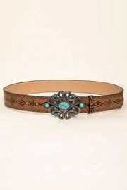 Distressed Western Vintage Denim Belt with Embossed Buckle