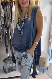 Sleeveless Loose Casual Top – Fake Two-Piece Irregular Hem