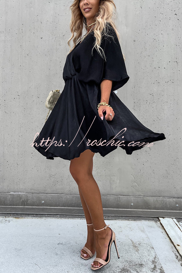 Batwing Sleeve Satin Mini Dress – Loose Fit V-Neck
