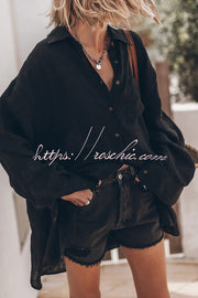 Linen Blend Oversized Long Sleeve Shirt with Pockets