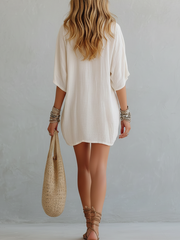 Ivory Cotton Linen Loose Mini Dress | Short Sleeve