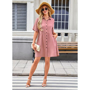 AUSELILY Babydoll Dress for Women Short Sleeve Button Down Textured Non-clingy Loose Fit Flowy Mini Dress with Pockets 2026 New Summer Dress