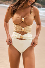 Color-block One-Piece Swimsuit with Metal Button Detail