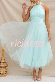 Tulle Halter Maxi Dress with Gathered Detail