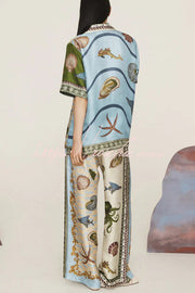Satin Printed Short Sleeve Shirt & Pants Set