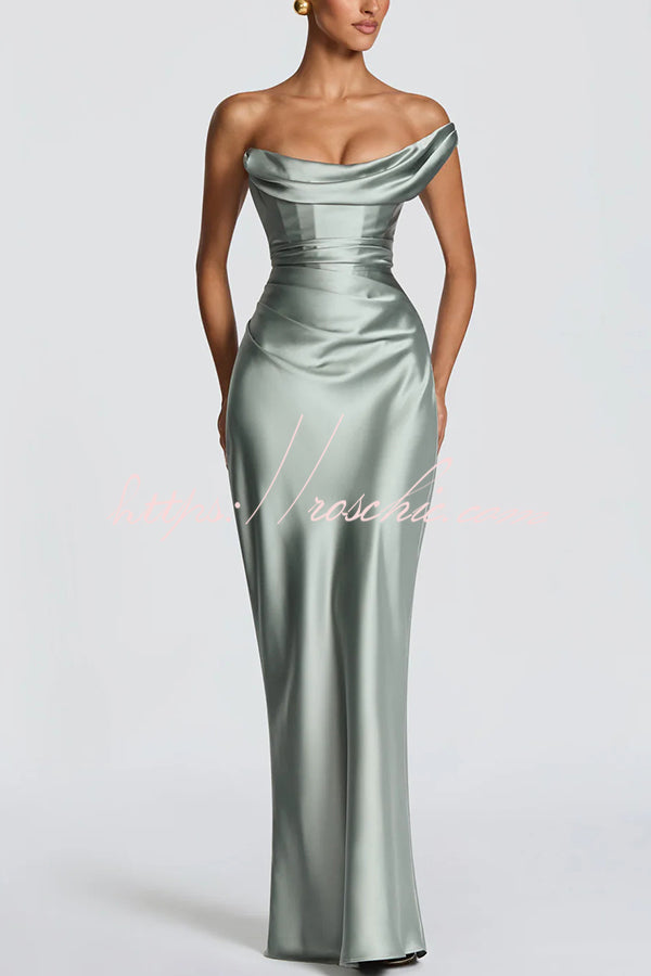 Satin One-Shoulder Pleated Maxi Dress for Party Wear
