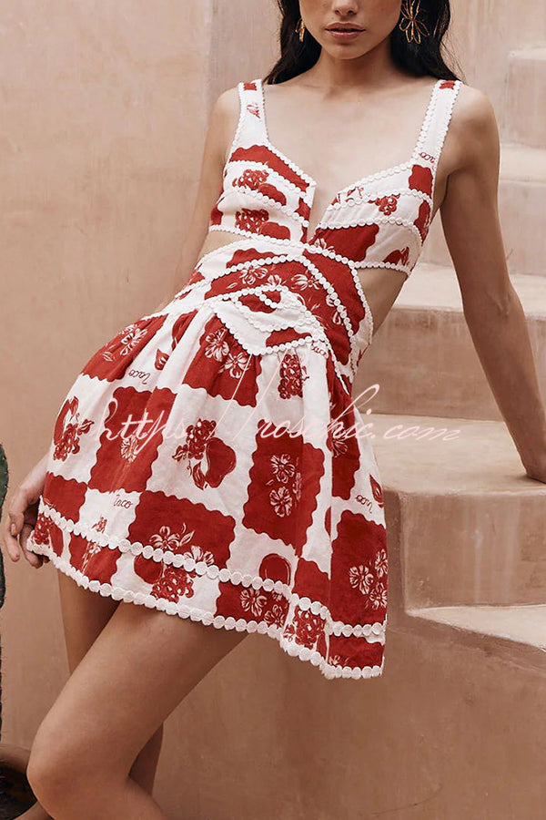 Linen Blend Mini Dress with Ric Rac Trims & Cutout Detail