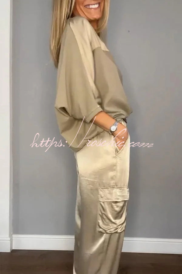 Satin Half-Sleeve Top & Elastic Waist Pants Set