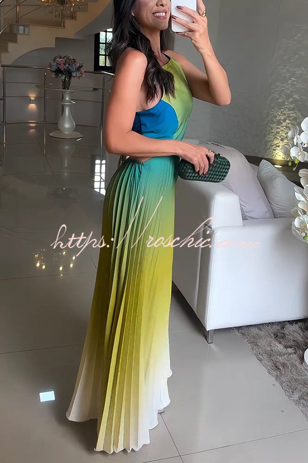 Backless Halter Pleated Gradient Maxi Dress – Vacation Wear
