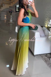 Backless Halter Pleated Gradient Maxi Dress – Vacation Wear