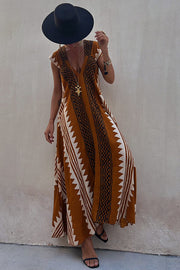 Ethnic Print V-Neck Maxi Dress – Loose Fit Vacation Style