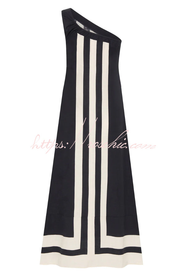 Striped One-Shoulder Midi Dress – Loose Fit Vacation Wear