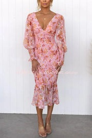 Floral Smocked Waist Long Sleeve Midi Dress