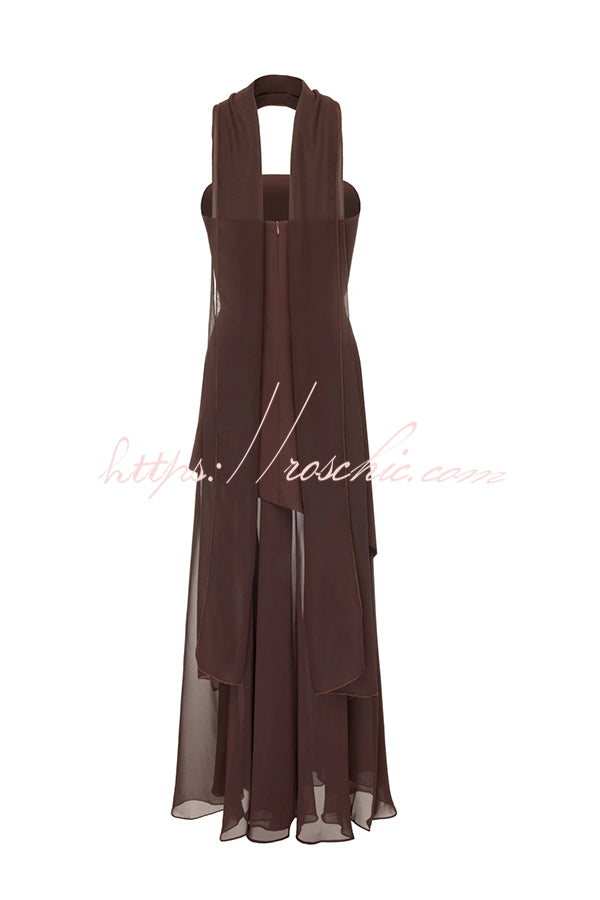 Off Shoulder Chiffon Maxi Dress with Structured Top & Slit