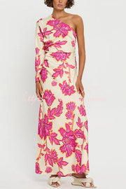 Satin Floral One Shoulder Flared Maxi Dress
