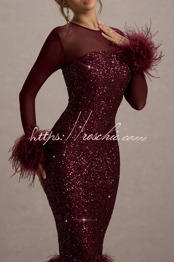Sequin Feather Trim Midi Dress – Long Sleeve Party Dress