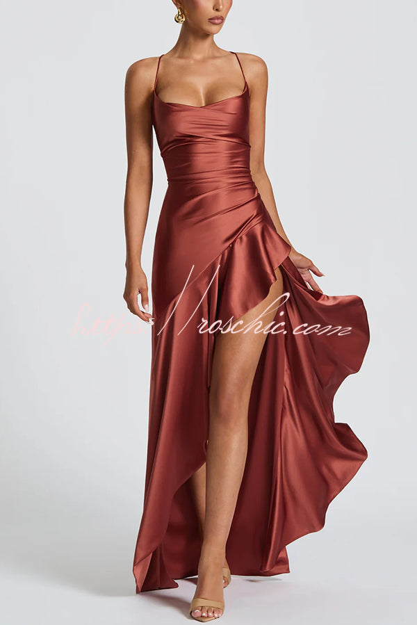 Backless Lace-Up Ruffle Maxi Dress – Spaghetti Strap
