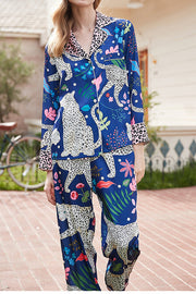 Blue Snow Leopard Print Long Sleeve Two-Piece Lounge Set