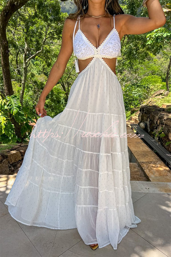 Polka Dot Chiffon Maxi Dress with Crochet Tassel Straps