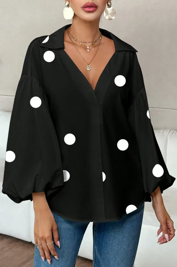 Polka Dot Puff Sleeve Collared Loose Blouse