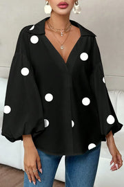 Polka Dot Puff Sleeve Collared Loose Blouse