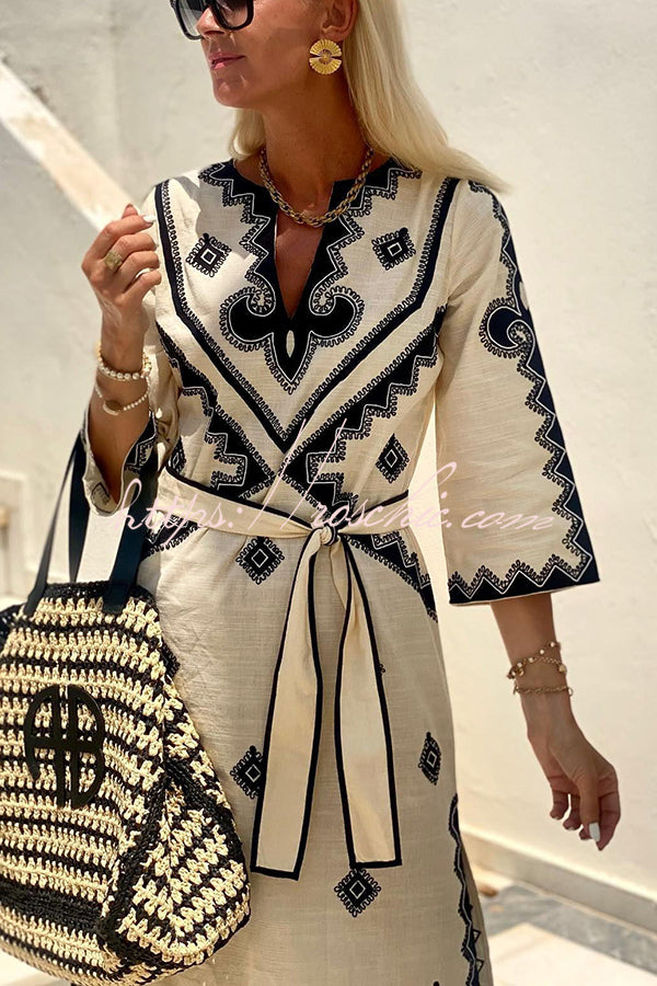Linen Blend Ethnic Print Belted Midi Dress | Vacation Style