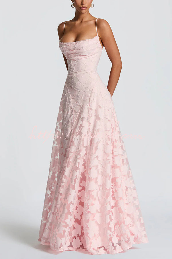 Robe longue fleurie dévorée à col bénitier et dos à lacets