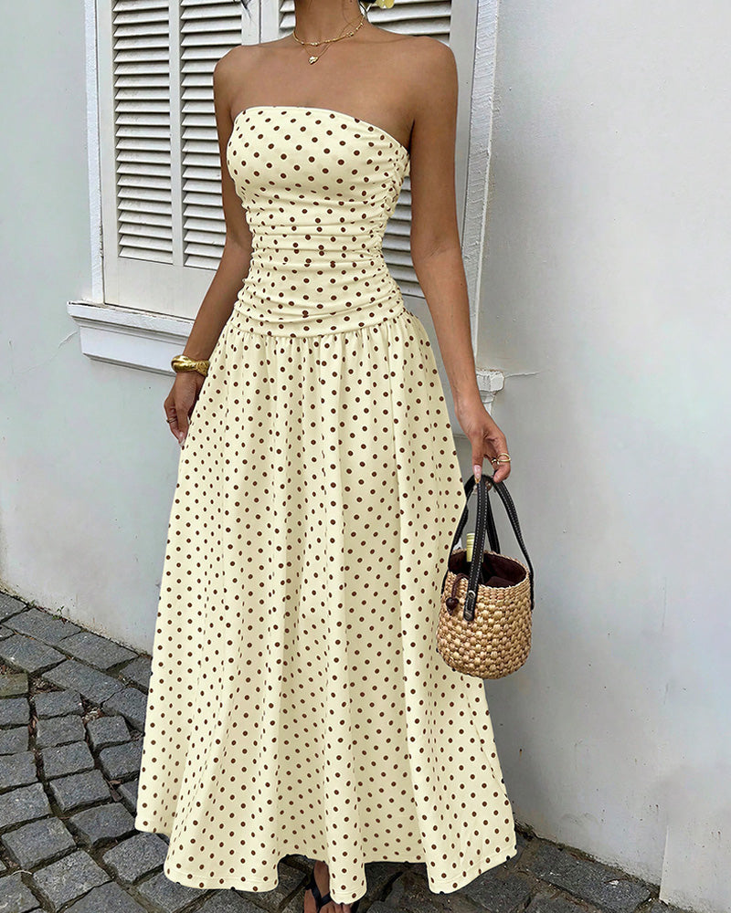 Vintage Polka Dot Strapless Ruffle Maxi Dress