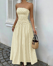 Vintage Polka Dot Strapless Ruffle Maxi Dress