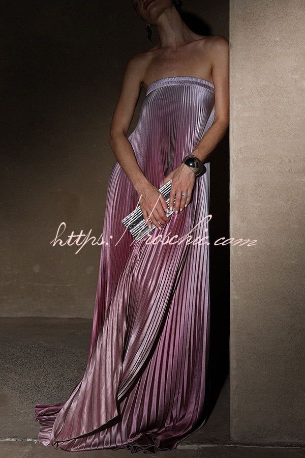 Satin Pleated Strapless Maxi Dress – A-Line Gown