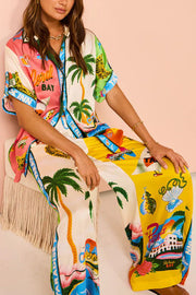 Satin Colorblock Print Oversized Button-Down Blouse