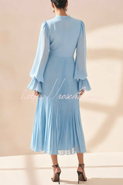 Ruffle Midi Dress Long Sleeve Round Neck Fitted Waist