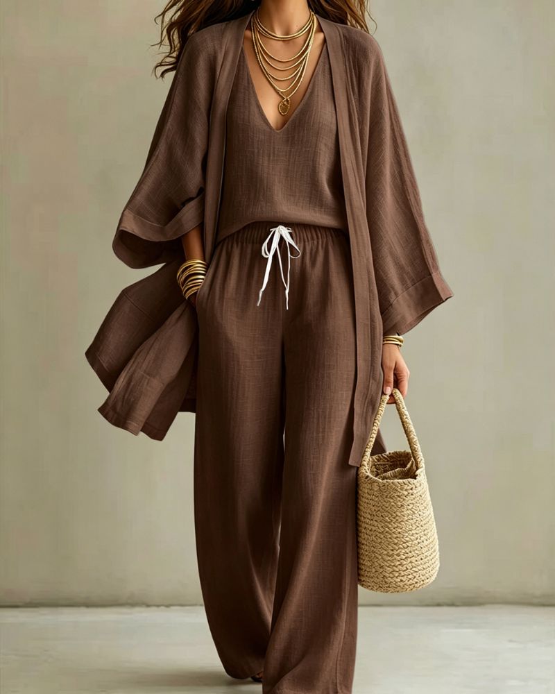 Sleeveless V-Neck Wide-Leg Three-Piece Set