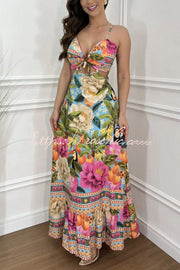 Tropical Print Maxi Dress - Lace-Up V Neck Vacation Dress