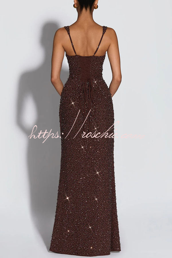 Sequin Chiffon Ruched Square Neck Lace-Up Maxi Dress