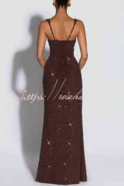 Sequin Chiffon Ruched Square Neck Lace-Up Maxi Dress