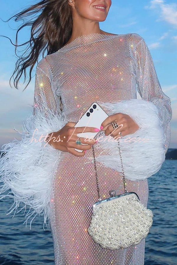 Rhinestone Open Knit Feather Sleeve Party Mini Dress