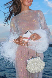 Rhinestone Open Knit Feather Sleeve Party Mini Dress