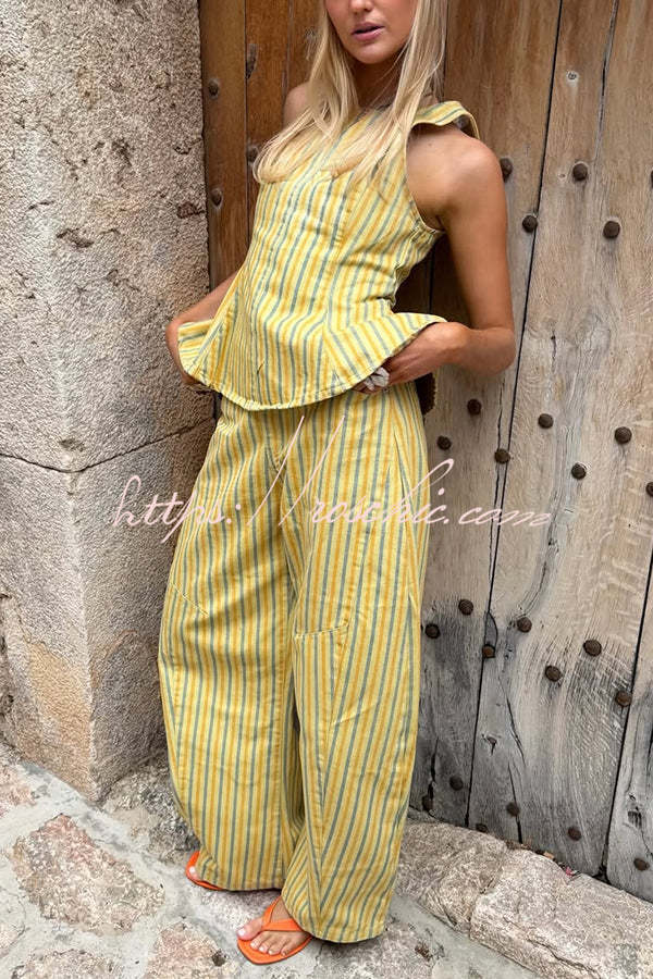 Striped Peplum Top and Wide Leg Pants Set with Pockets