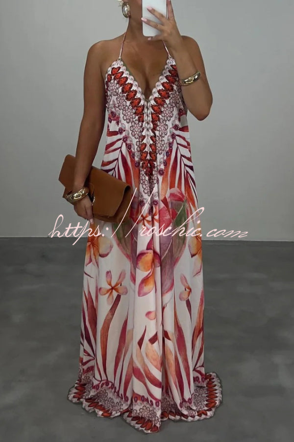 Bohemian Halter Neck Sleeveless Backless Loose Maxi Dress