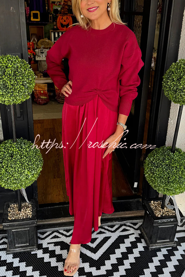 Knit Sweater & Satin Ruched Midi Dress Two-Piece Set