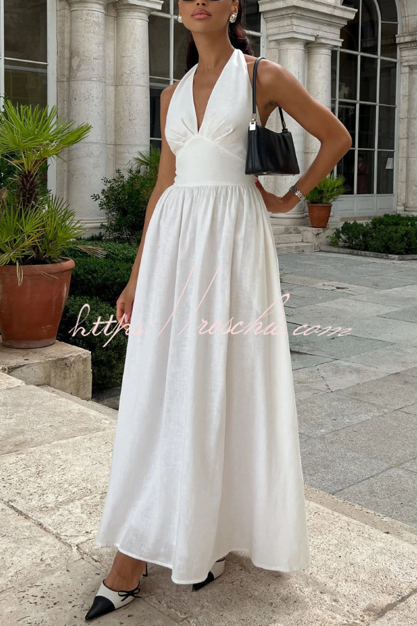 Linen Blend Halter Neck Backless Maxi Dress